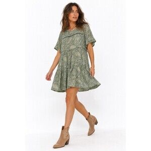 Knox Rose XL Paisley Tiered Babydoll Dress Green Boho Peasant Rayon